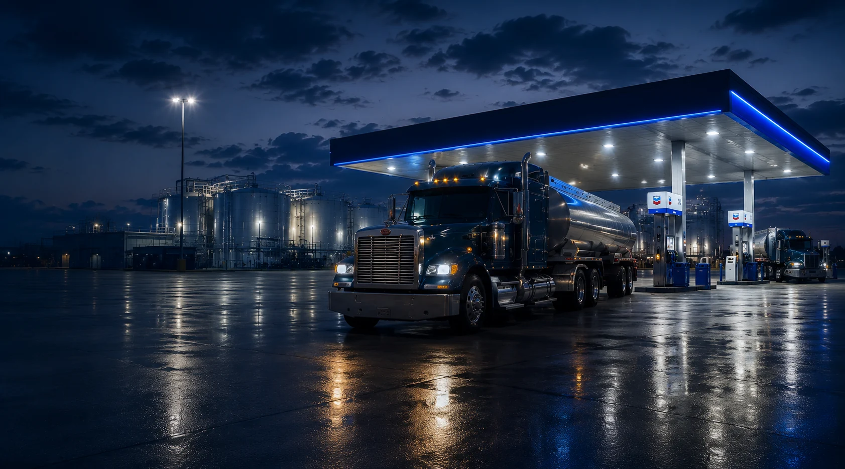 Chevron fuel station canopy with tanker truck
